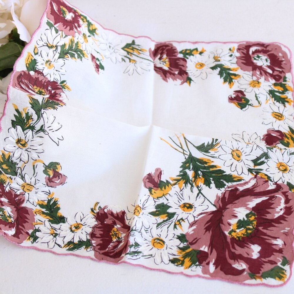 Vintage Handkerchief, Brown, Yellow and White Flower Print Cotton Hanky